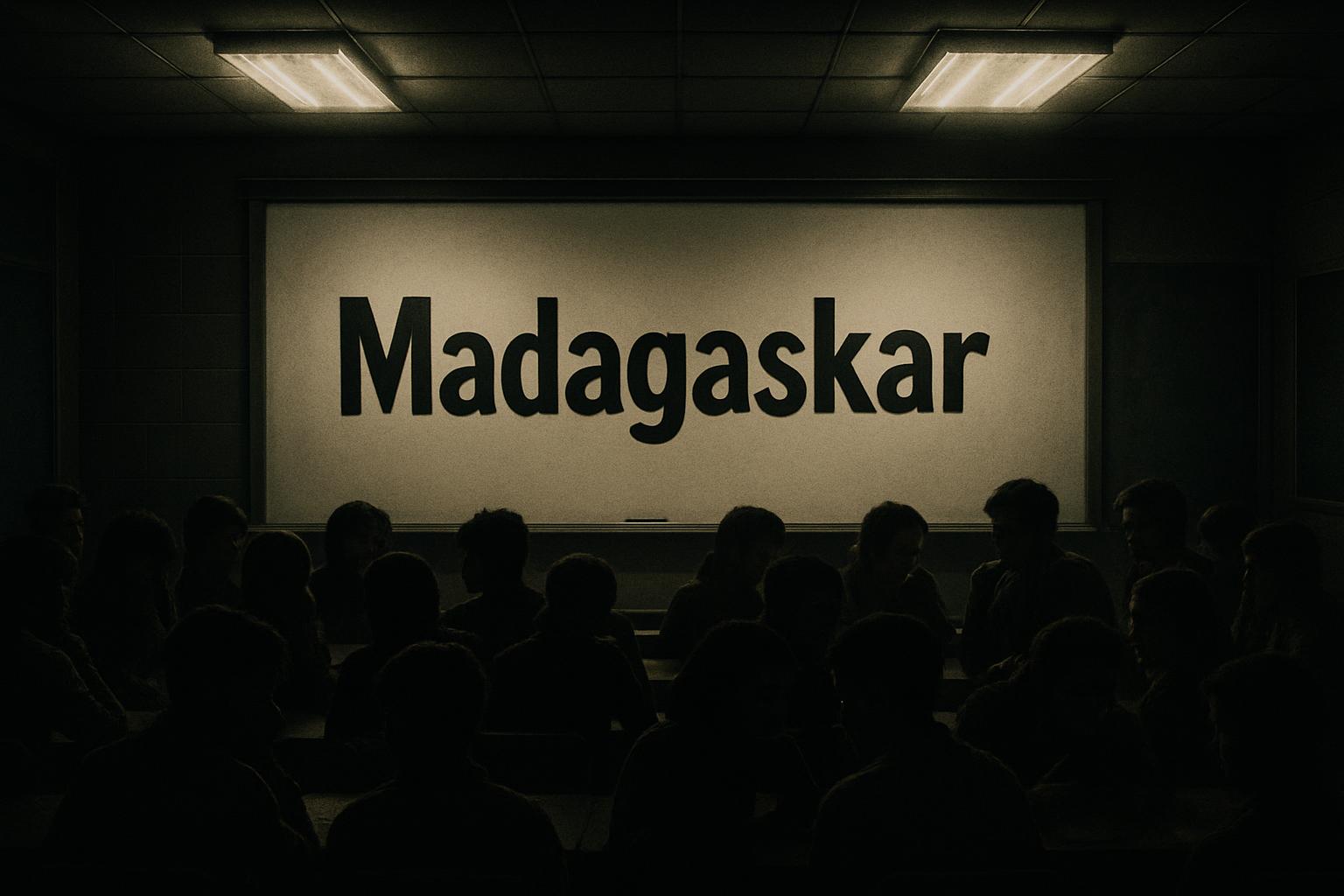 Słowo „Madagaskar” na białym tle złapało 32 z 35 studentów